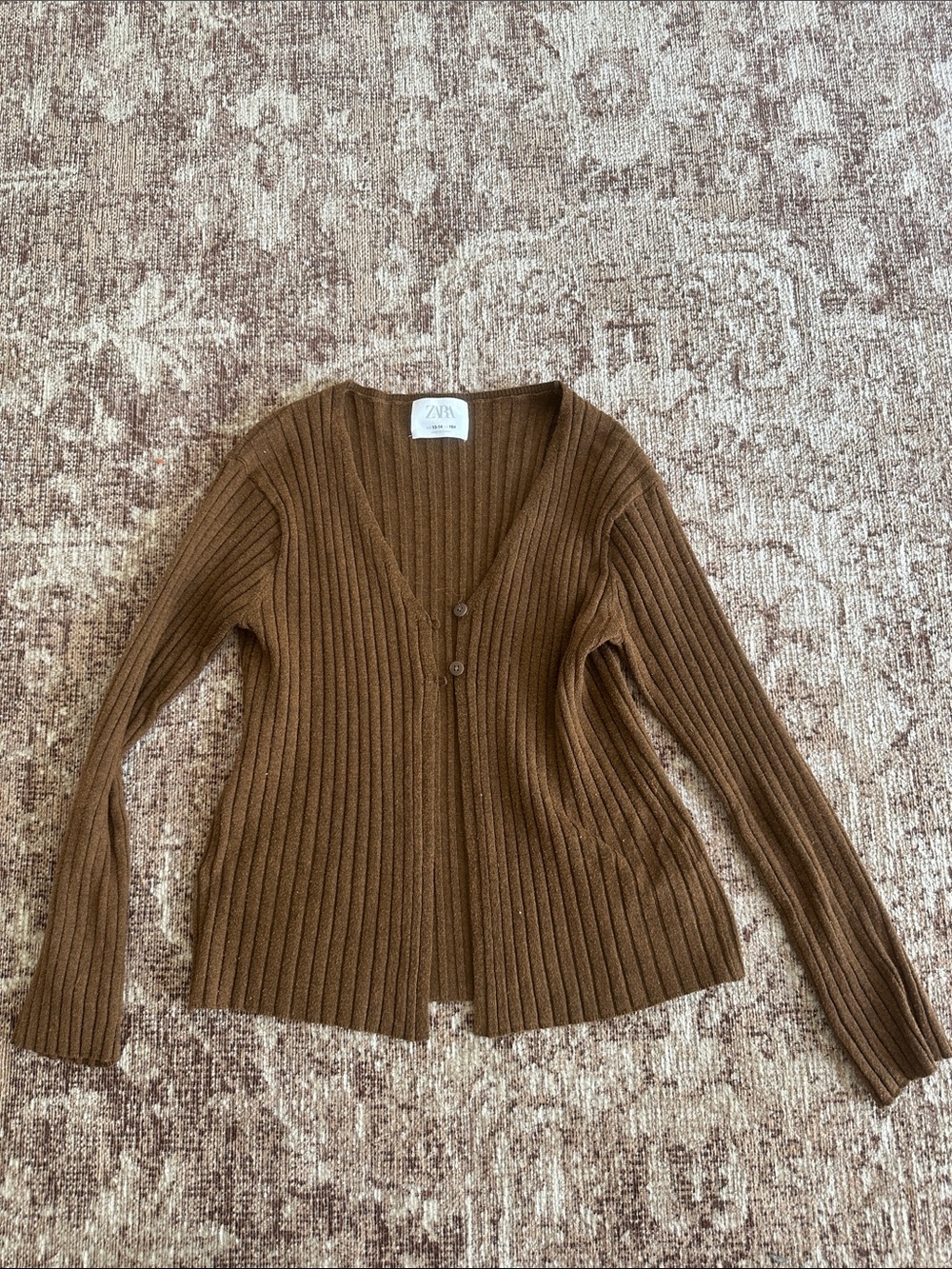 ZARA girls Chocolate Brown Ribbed V-Neck Button Cardigan size 13-14
